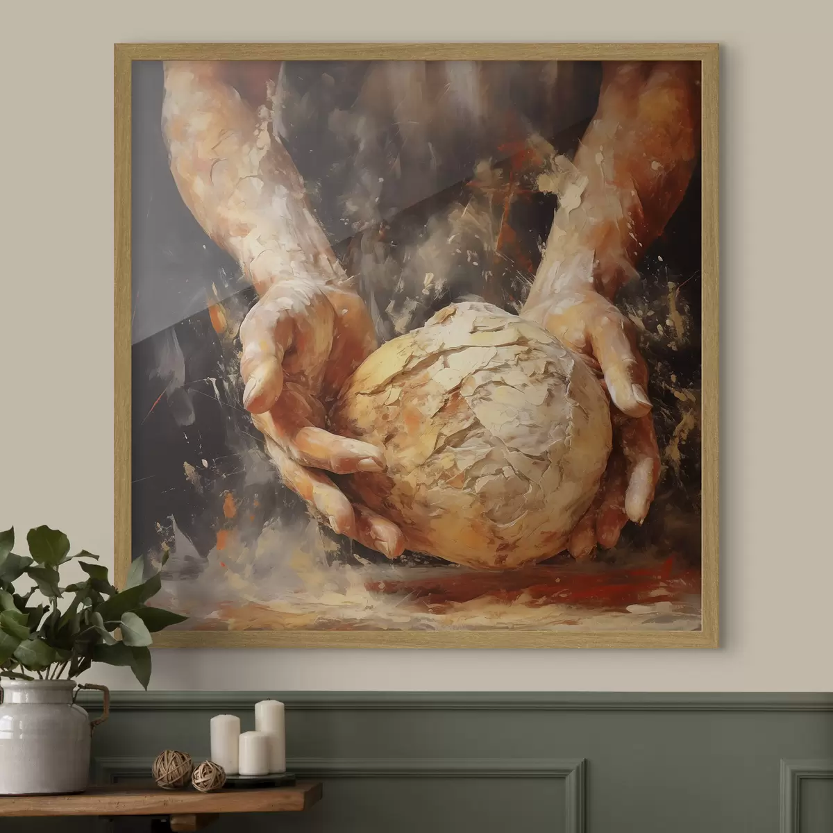 Poster Die Hände des Bäckers, die den Teig halten, Nachahmung eines Ölgemäldes f40095
