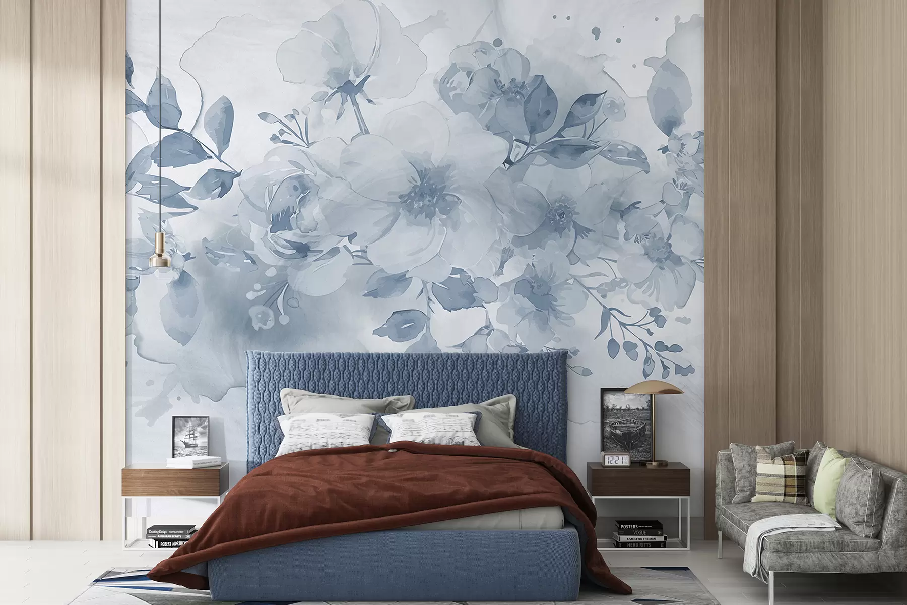 Fototapete Weiches, verschwommenes Blumenmuster in Grau- und Weißtönen mit zarten Blüten und Blättern w08189