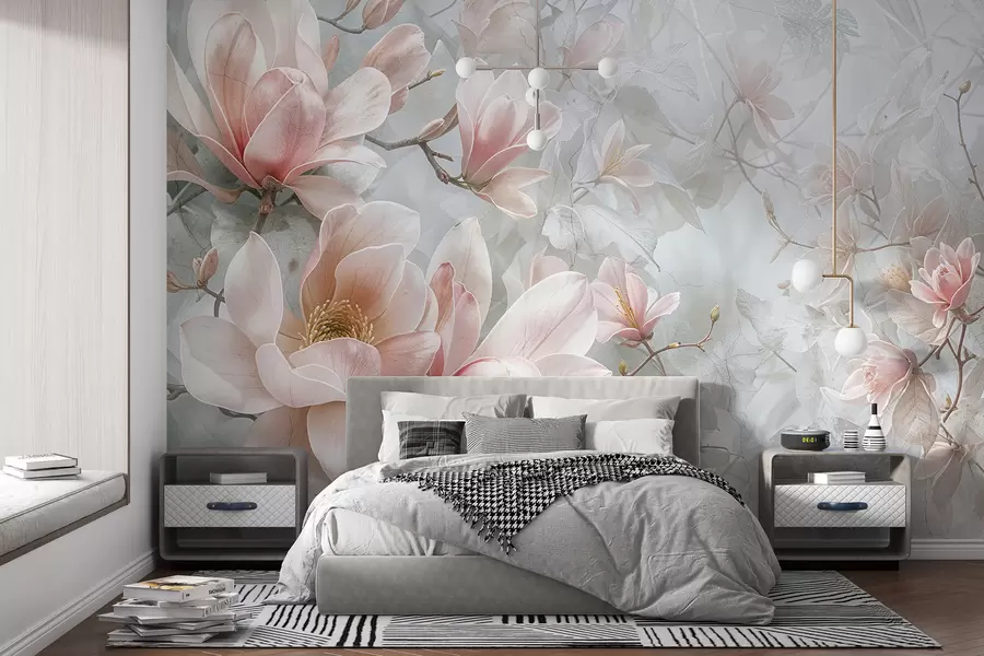 Fototapete Zarte rosa Magnolienblüten blühen auf einem weichen, verschwommenen floralen grauen Hintergrund w08192