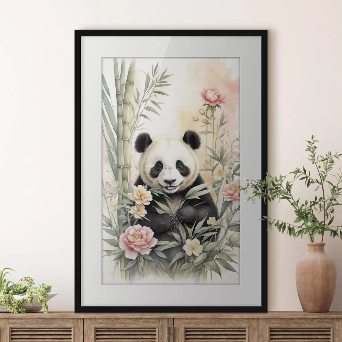 Poster Panda mit Blumen und Bambus f40125