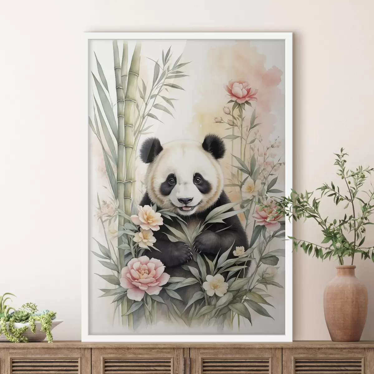 Poster Panda mit Blumen und Bambus f40125