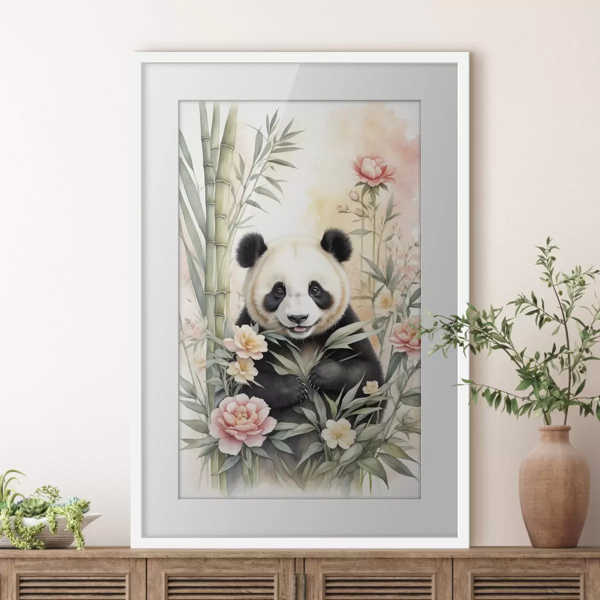 Poster Panda mit Blumen und Bambus f40125