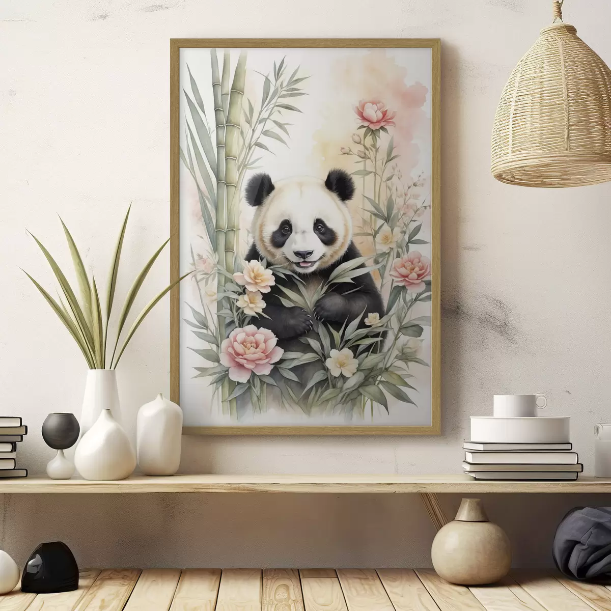 Poster Panda mit Blumen und Bambus f40125