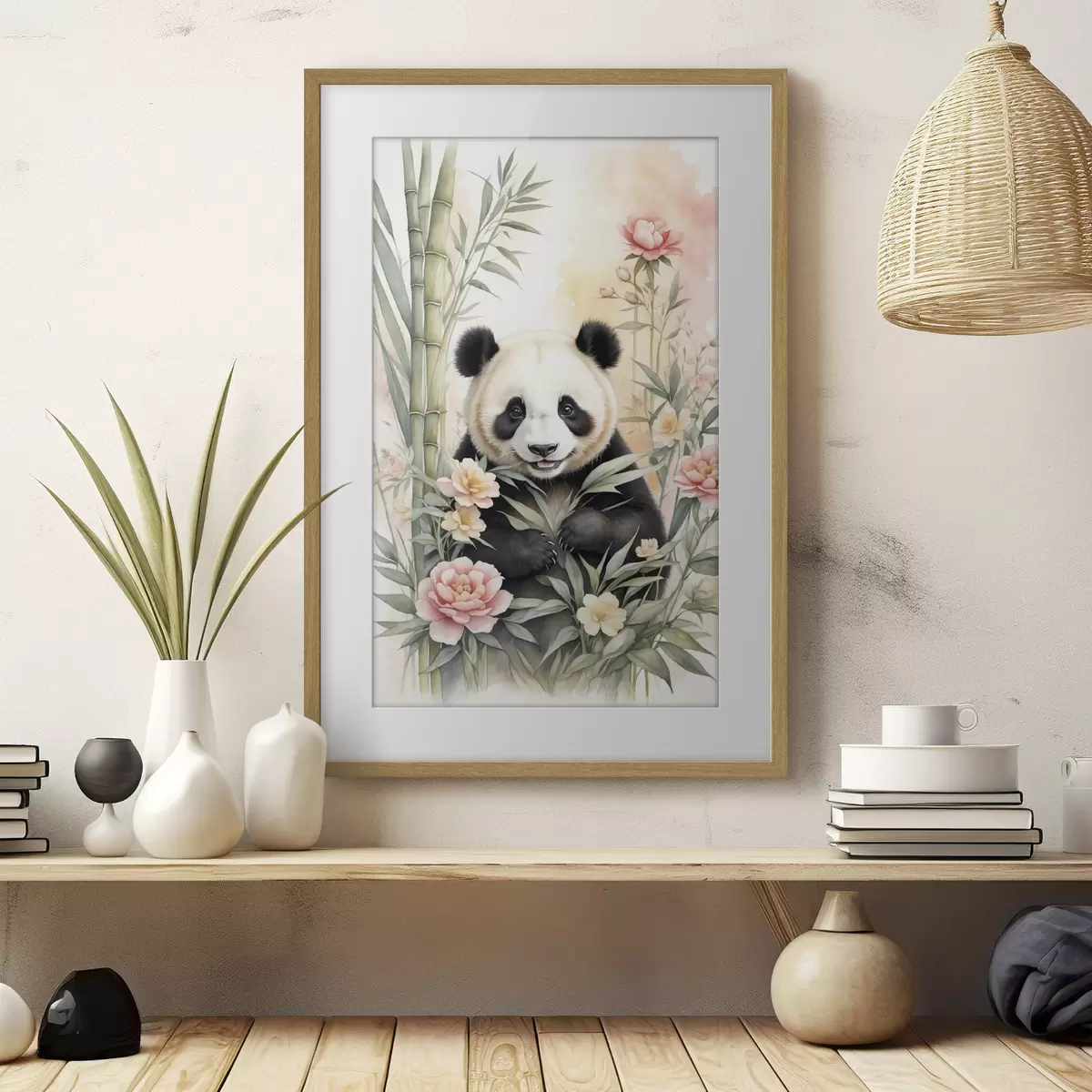 Poster Panda mit Blumen und Bambus f40125