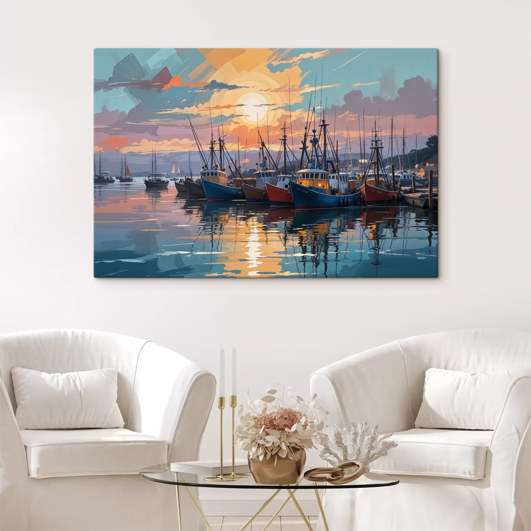 Fototapete Ein farbenfroher Sonnenuntergang über einem Hafen voller Fischerboote und Schiffe, der eine ruhige und malerische Szenerie schafft s40158