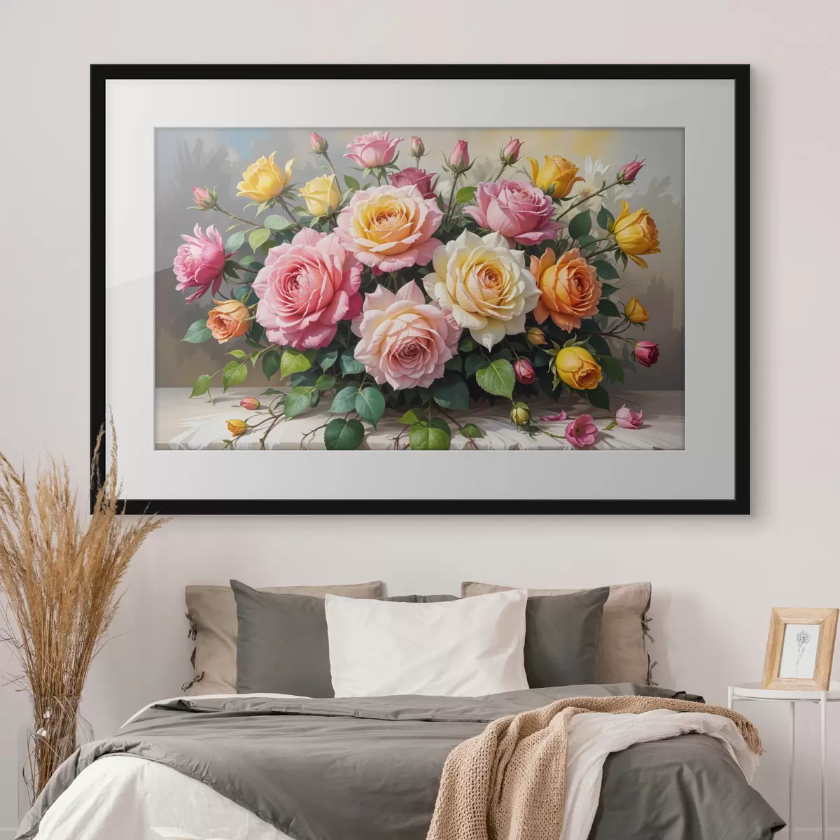Poster Ein Strauß bunter Rosen in verschiedenen Rosa-, Gelb- und Orangetönen, arrangiert mit grünen Blättern f40149