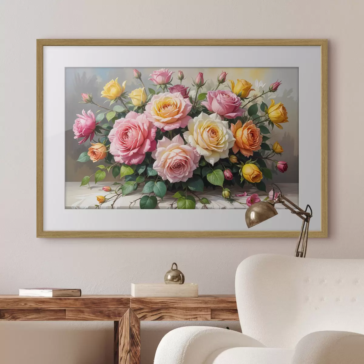 Poster Ein Strauß bunter Rosen in verschiedenen Rosa-, Gelb- und Orangetönen, arrangiert mit grünen Blättern f40149