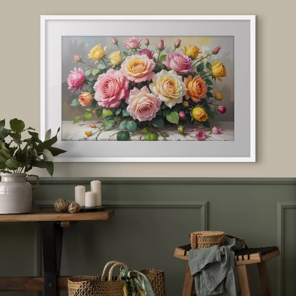 Poster Ein Strauß bunter Rosen in verschiedenen Rosa-, Gelb- und Orangetönen, arrangiert mit grünen Blättern f40149