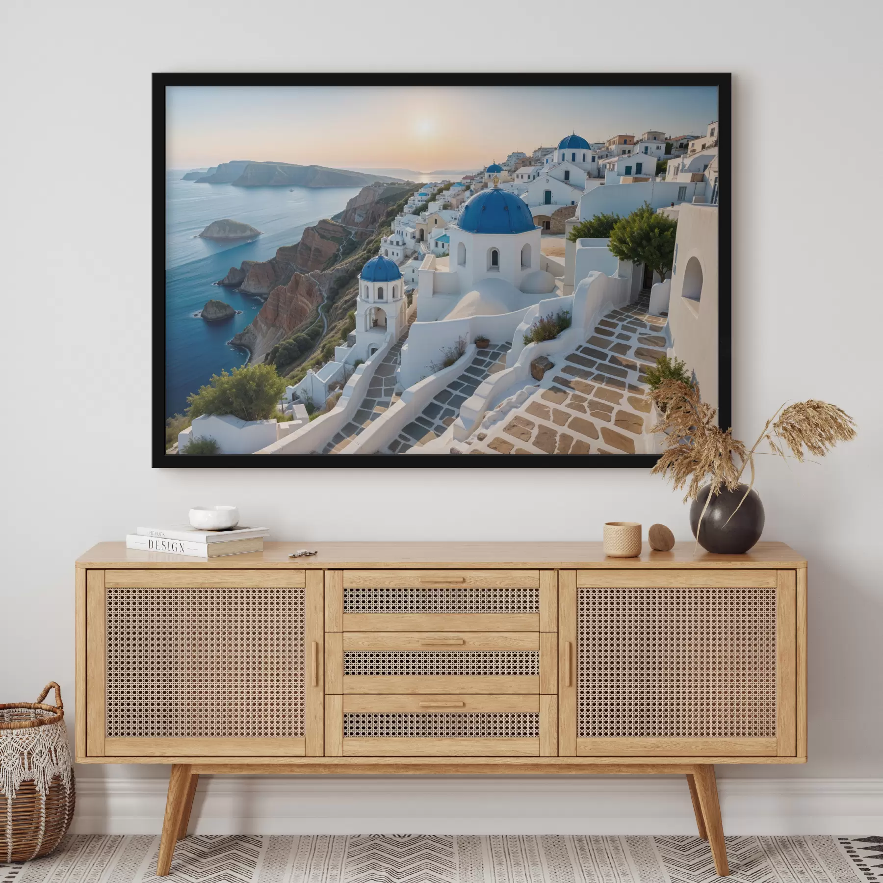 Fototapete Die Insel Santorini, Griechenland. Die Stadt liegt auf einem Hügel mit Blick auf die Ägäis f40160
