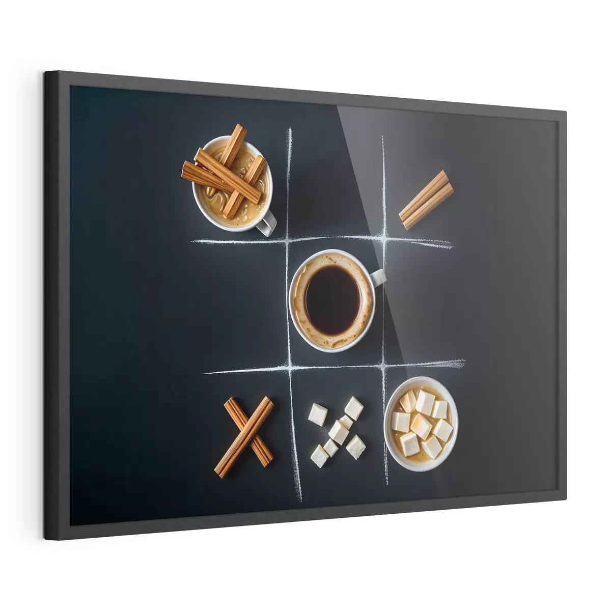 Poster Eine Tasse Kaffee mit Zimtstangen, Zuckerwürfeln und Marshmallows, angeordnet in einem Tic-Tac-Toe-Raster f40163