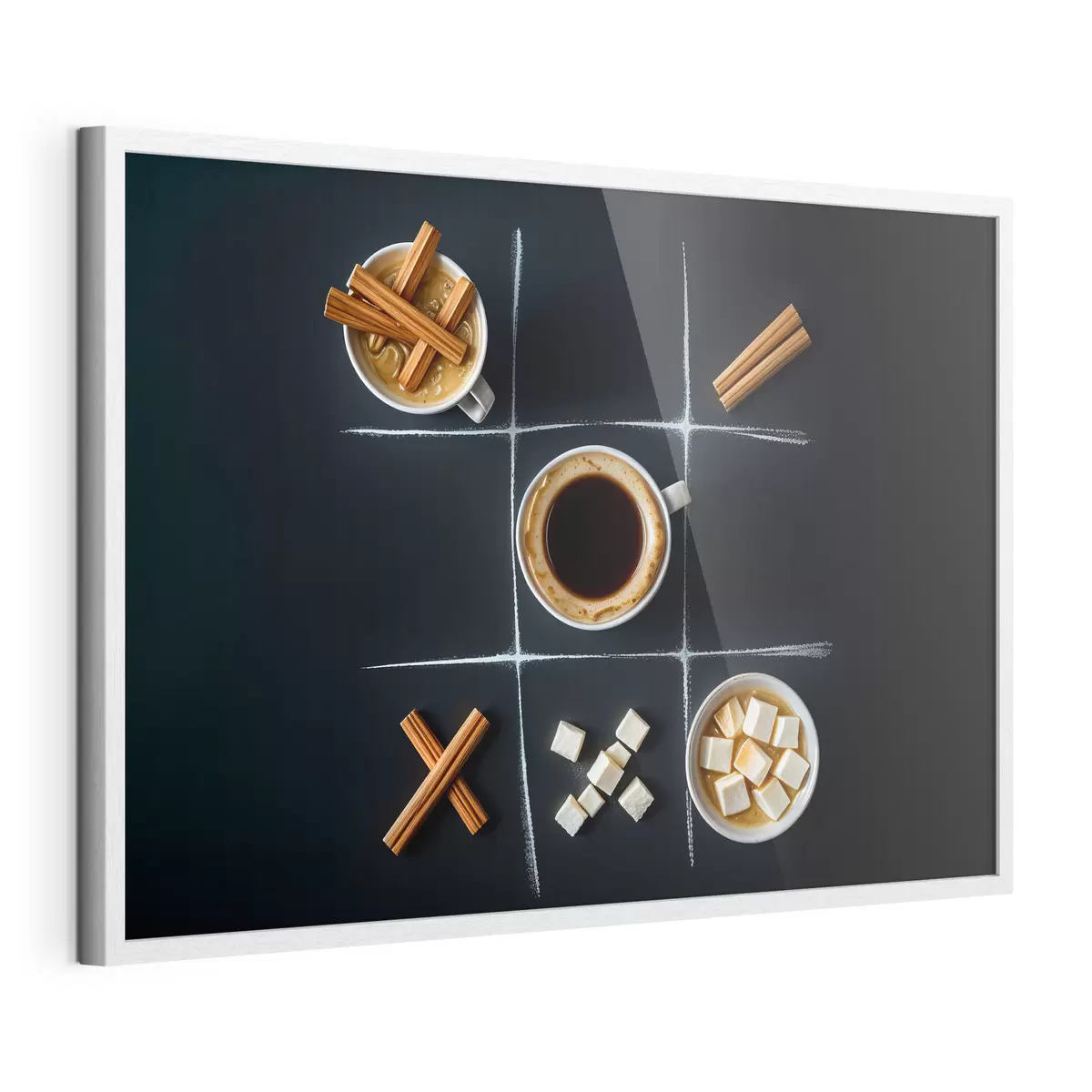 Poster Eine Tasse Kaffee mit Zimtstangen, Zuckerwürfeln und Marshmallows, angeordnet in einem Tic-Tac-Toe-Raster f40163
