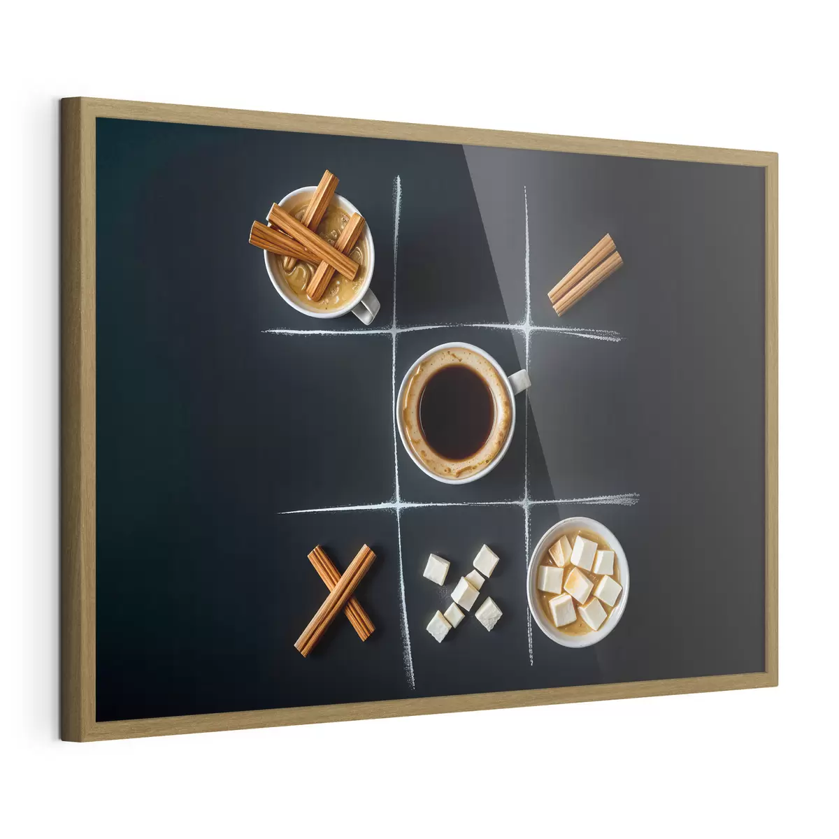 Poster Eine Tasse Kaffee mit Zimtstangen, Zuckerwürfeln und Marshmallows, angeordnet in einem Tic-Tac-Toe-Raster f40163