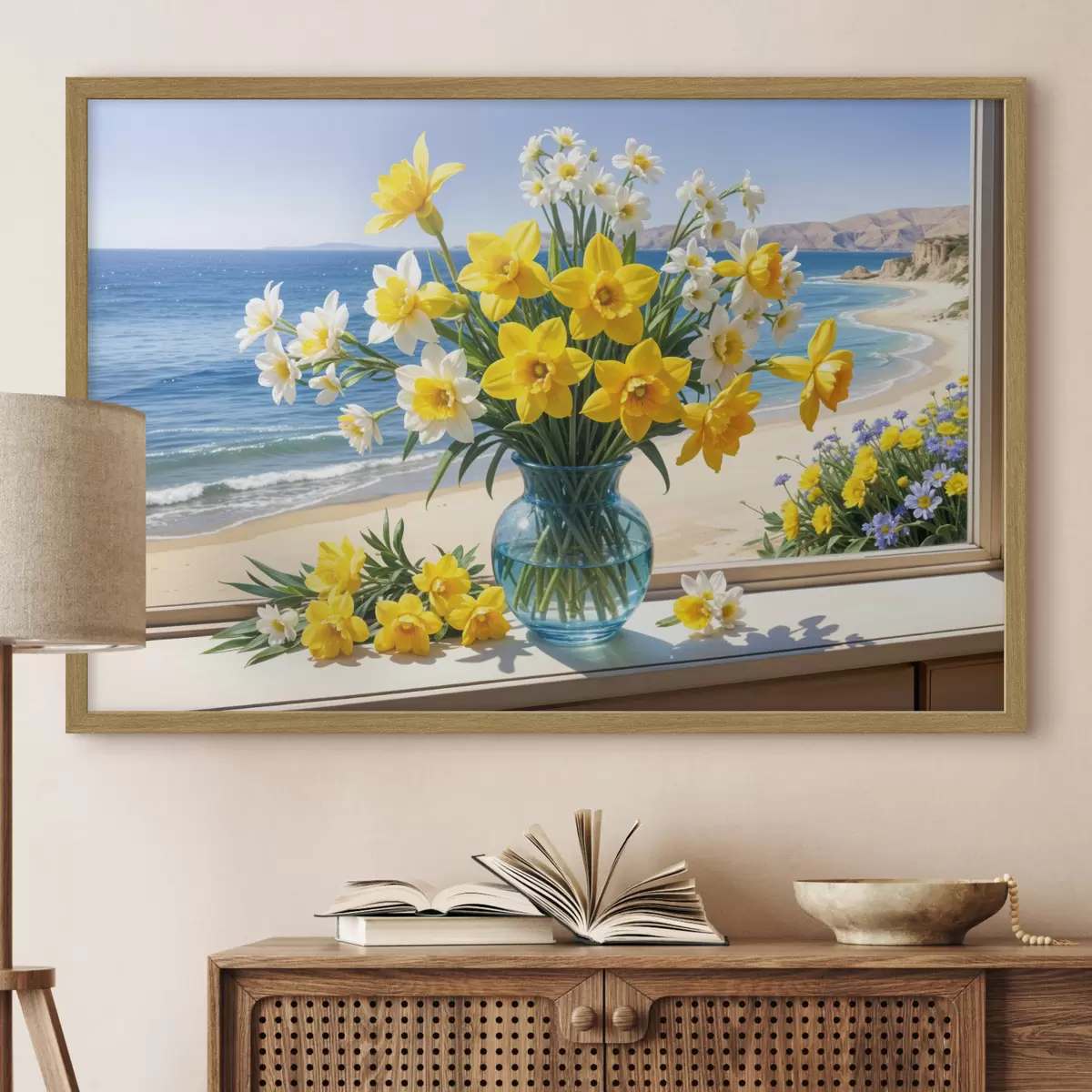 Poster Ein Strauß gelber Narzissen und weißer Gänseblümchen in einer Glasvase auf einer Fensterbank mit Blick auf Strand und Meer f40171