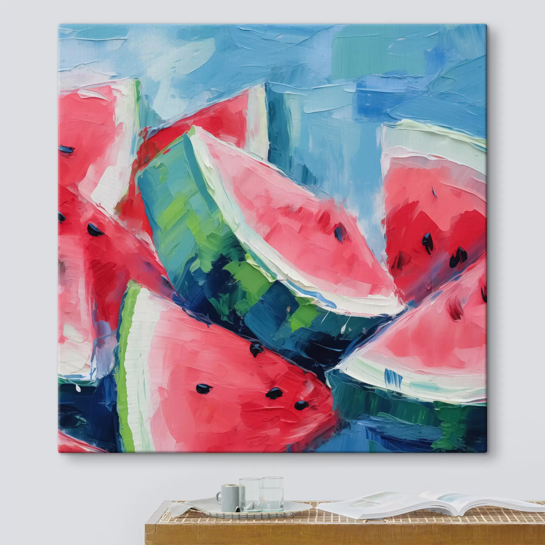 Fototapete Wassermelonenstücke auf blauem Hintergrund s40211