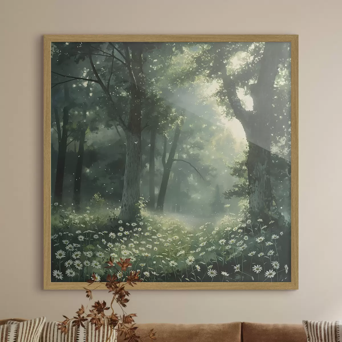 Poster Dichter Wald mit Sonnenlicht in den Bäumen, Kamille Blumen, grünes Gras, Natur f40224