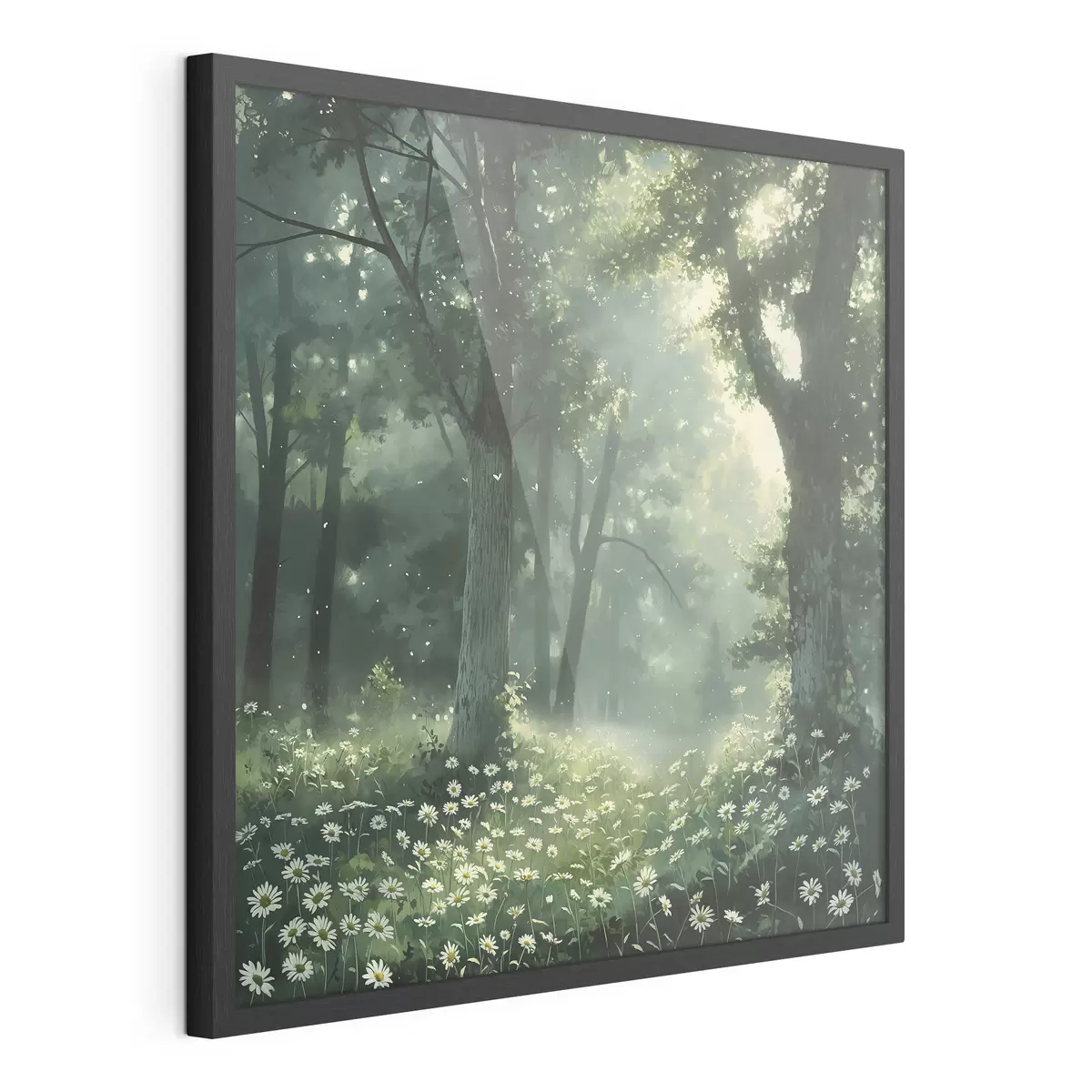 Poster Dichter Wald mit Sonnenlicht in den Bäumen, Kamille Blumen, grünes Gras, Natur f40224