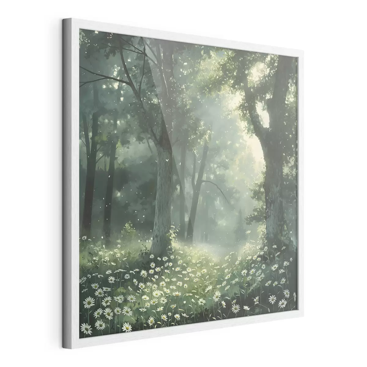 Poster Dichter Wald mit Sonnenlicht in den Bäumen, Kamille Blumen, grünes Gras, Natur f40224