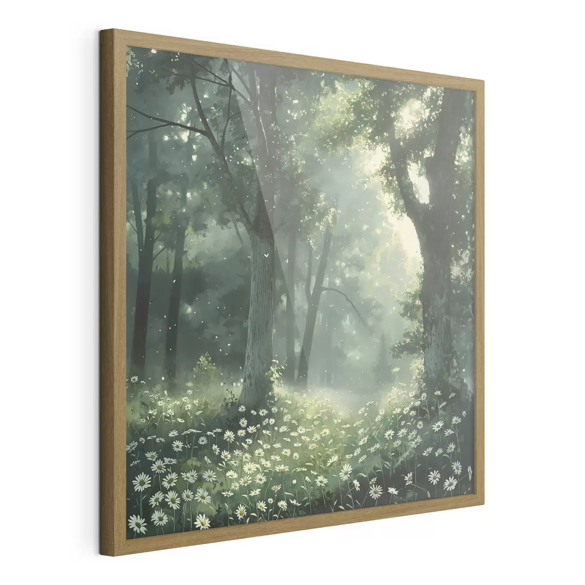 Poster Dichter Wald mit Sonnenlicht in den Bäumen, Kamille Blumen, grünes Gras, Natur f40224