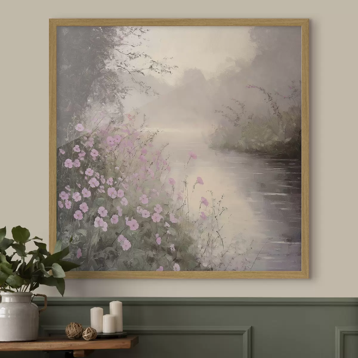 Poster See mit rosa Blumen, Sonnenaufgang, Ölzeichnung, pastellbeige Farben, Nebel f40229