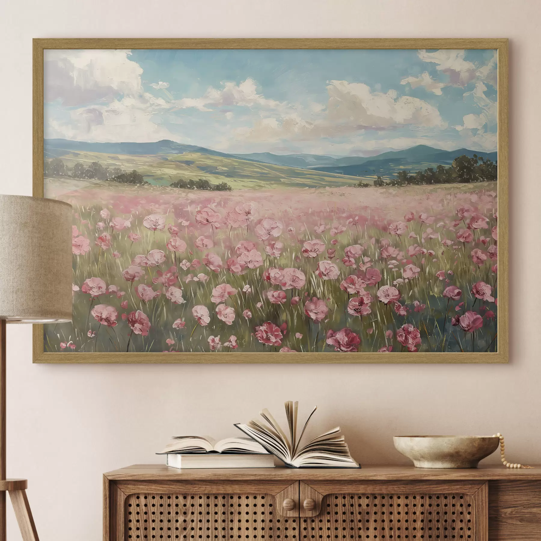 Fototapete Wiese mit rosa Blumen, Berge, Naturlandschaft, blauer Himmel mit Wolken, Acryl f40232