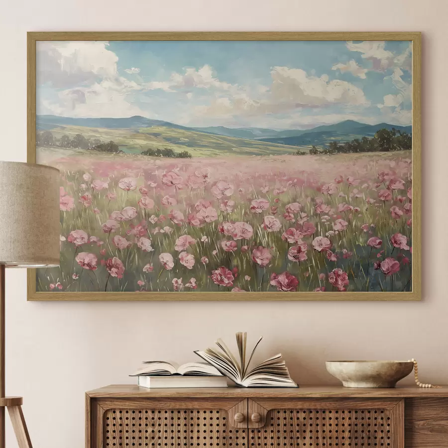 Fototapete Wiese mit rosa Blumen, Berge, Naturlandschaft, blauer Himmel mit Wolken, Acryl f40232