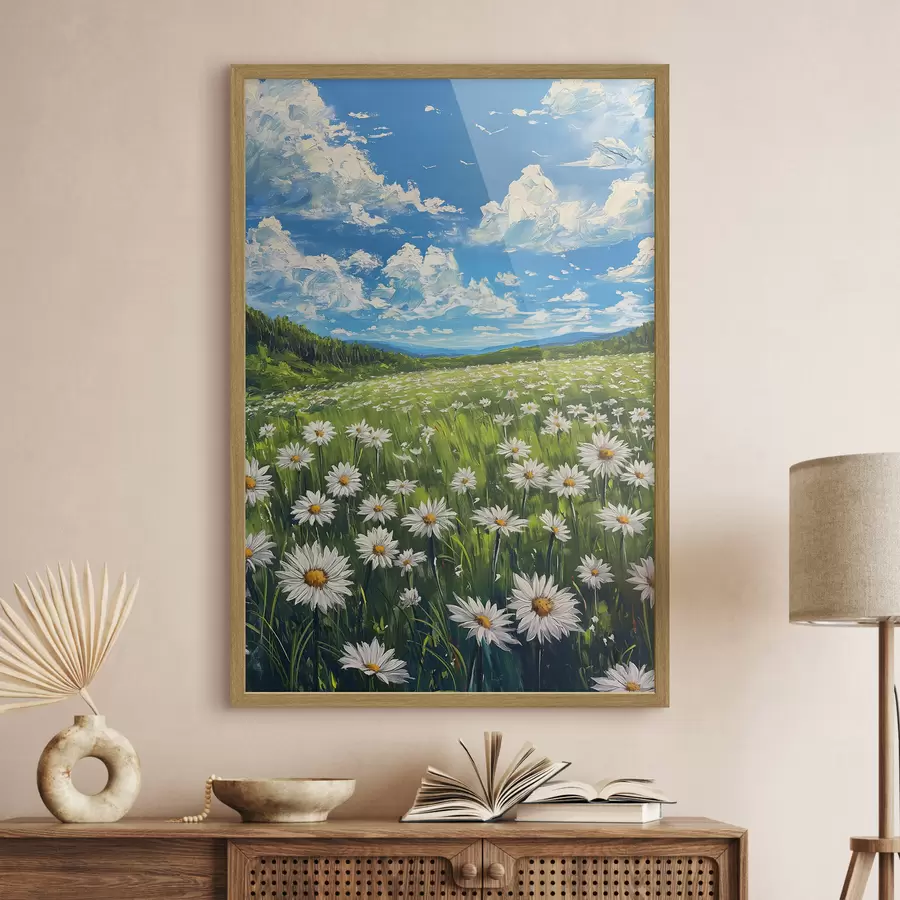 Fototapete Landschaft mit Gänseblümchen auf dem Feld f40255