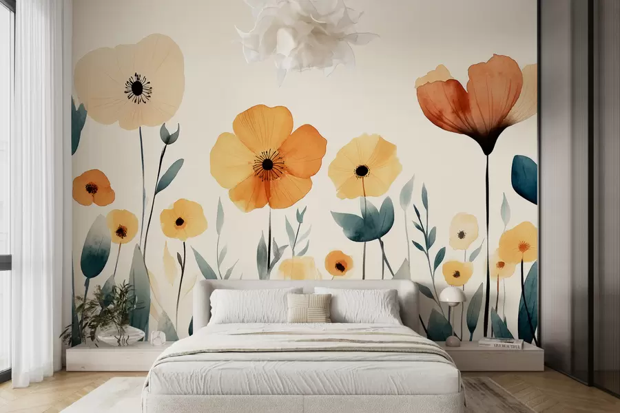 Fototapete Aquarell Wiesenblumen, rustikal, florale Komposition, einfache Zeichnung, Beige, Orange, Blau  w01453