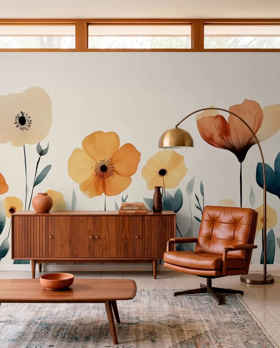Fototapete Aquarell Wiesenblumen, rustikal, florale Komposition, einfache Zeichnung, Beige, Orange, Blau  w01453