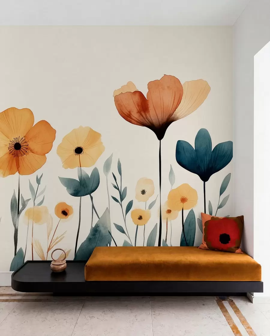 Fototapete Aquarell Wiesenblumen, rustikal, florale Komposition, einfache Zeichnung, Beige, Orange, Blau  w01453