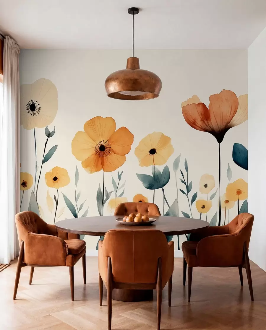Fototapete Aquarell Wiesenblumen, rustikal, florale Komposition, einfache Zeichnung, Beige, Orange, Blau  w01453