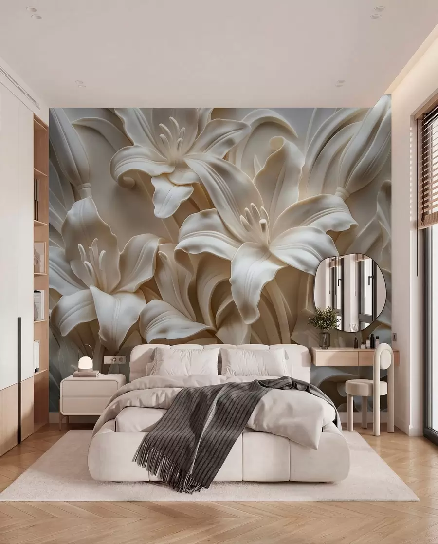 Fototapete Elegantes beiges 3D-Relief aus geschnitzten Lilien w01433