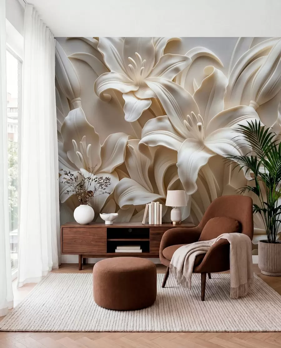 Fototapete Elegantes beiges 3D-Relief aus geschnitzten Lilien w01433