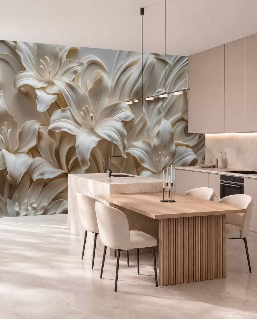 Fototapete Elegantes beiges 3D-Relief aus geschnitzten Lilien w01433