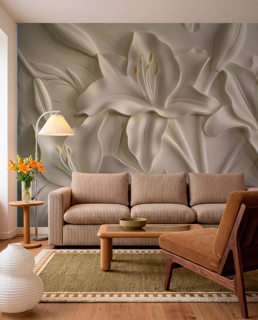 Fototapete Flachrelief aus großen beigen Lilien w01434