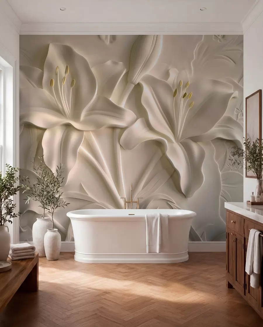 Fototapete Flachrelief aus großen beigen Lilien w01434