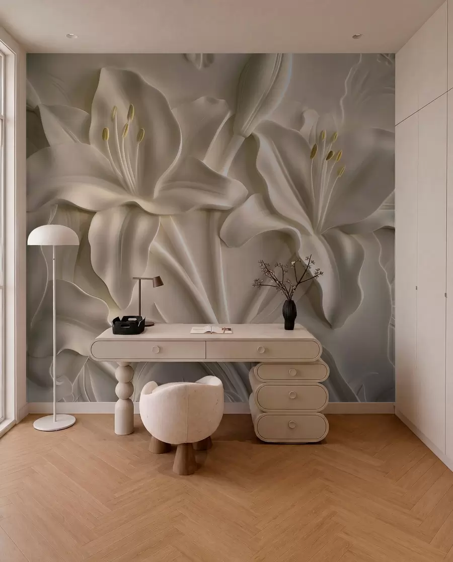 Fototapete Flachrelief aus großen beigen Lilien w01434