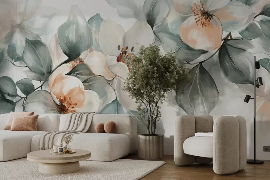 Fototapete Zarte weiße und rosa Magnolienblüten mit weichen grünen Blättern vor einem hellen Hintergrund w08220