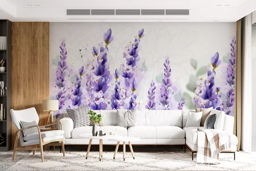 Fototapete Lila Lavendelblüten auf einem Feld mit weichem Fokus und unscharfem Hintergrund w08231