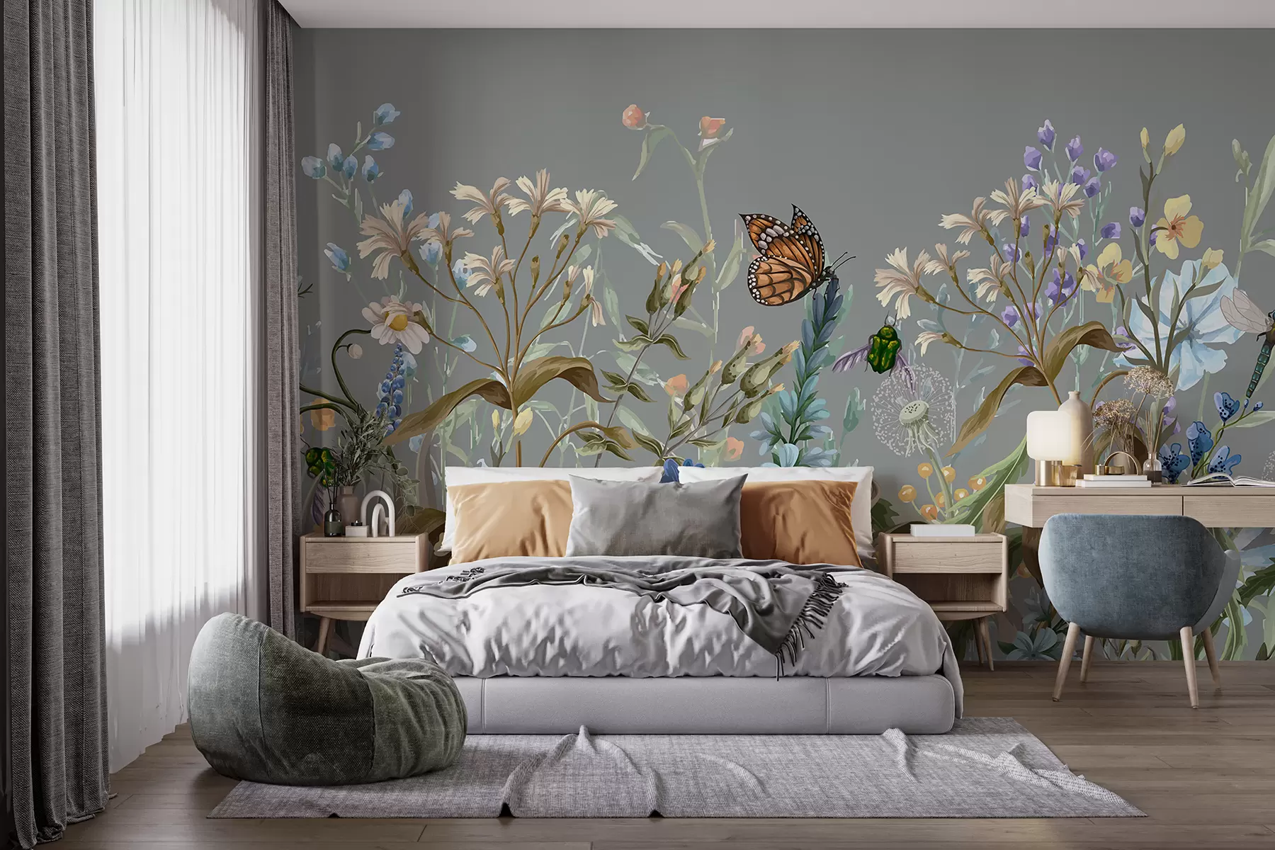 Fototapete Eine farbenfrohe blaue Illustration einer üppigen Blumengartenszene mit Insekten in einem traumhaften, fantastischen Stil w08234