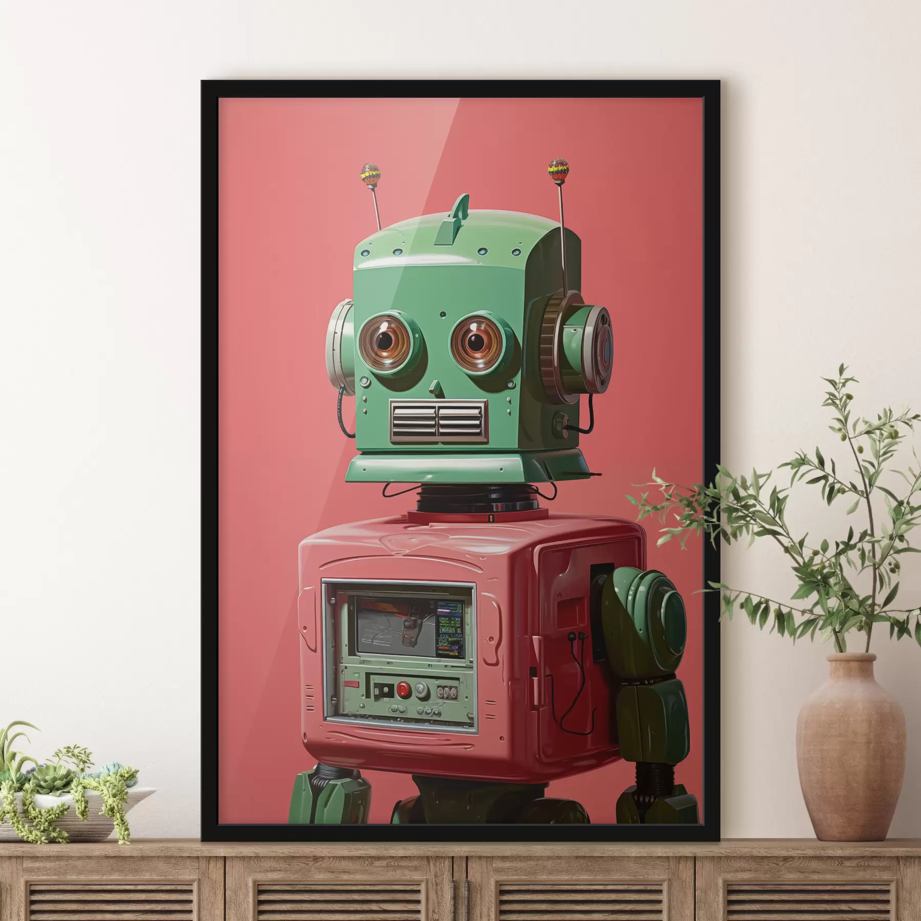 Fototapete Android-Roboter mit grünem Kopf auf rosa Hintergrund f40314