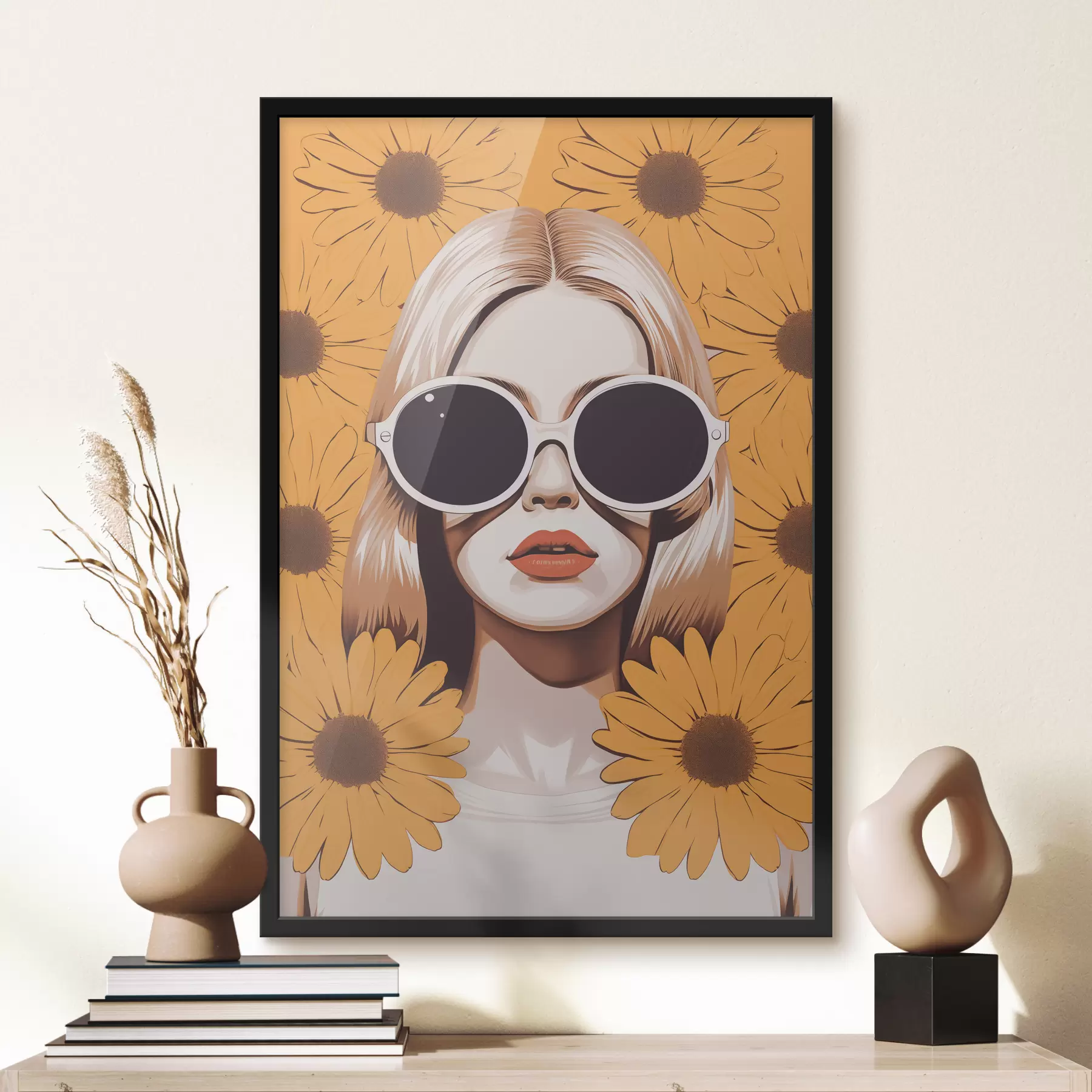 Fototapete Mädchen mit großer Sonnenbrille im Retro-Stil mit gelben Gänseblümchen f40317