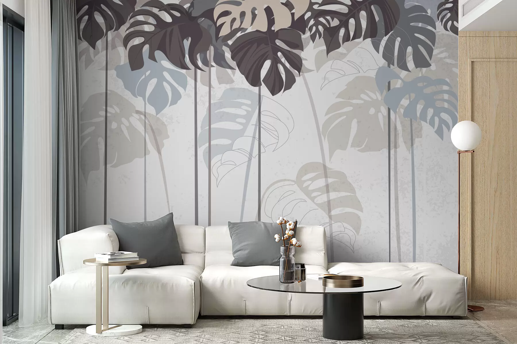 Fototapete Tropics Monstera Blätter helle Beige- und Blautöne w01454v2