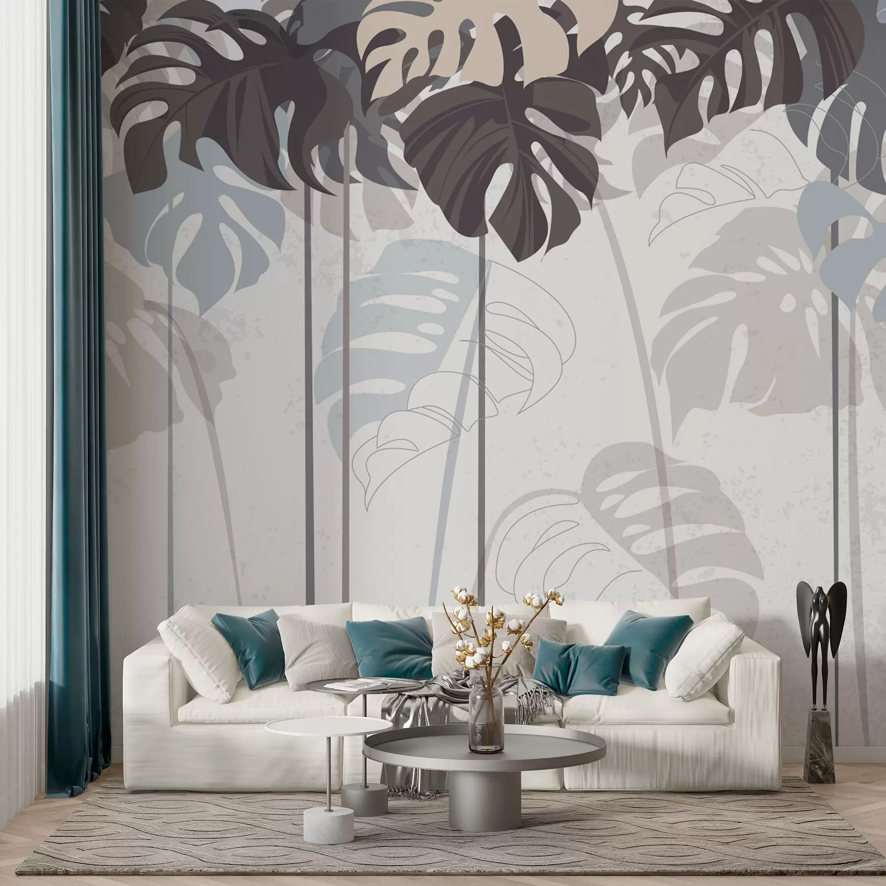 Fototapete Tropics Monstera Blätter helle Beige- und Blautöne w01454v2