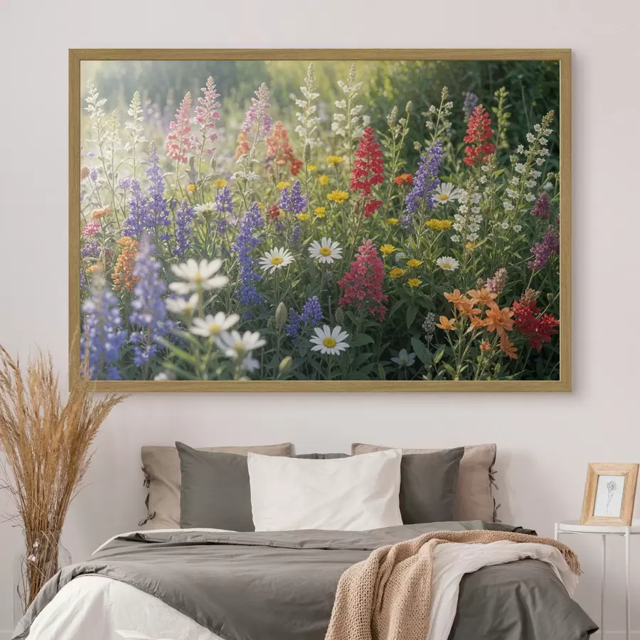 Fototapete Eine farbenfrohe Wildblumenwiese mit verschiedenen blühenden Blumen, darunter Gänseblümchen, Lavendel und rote Blumen f40390
