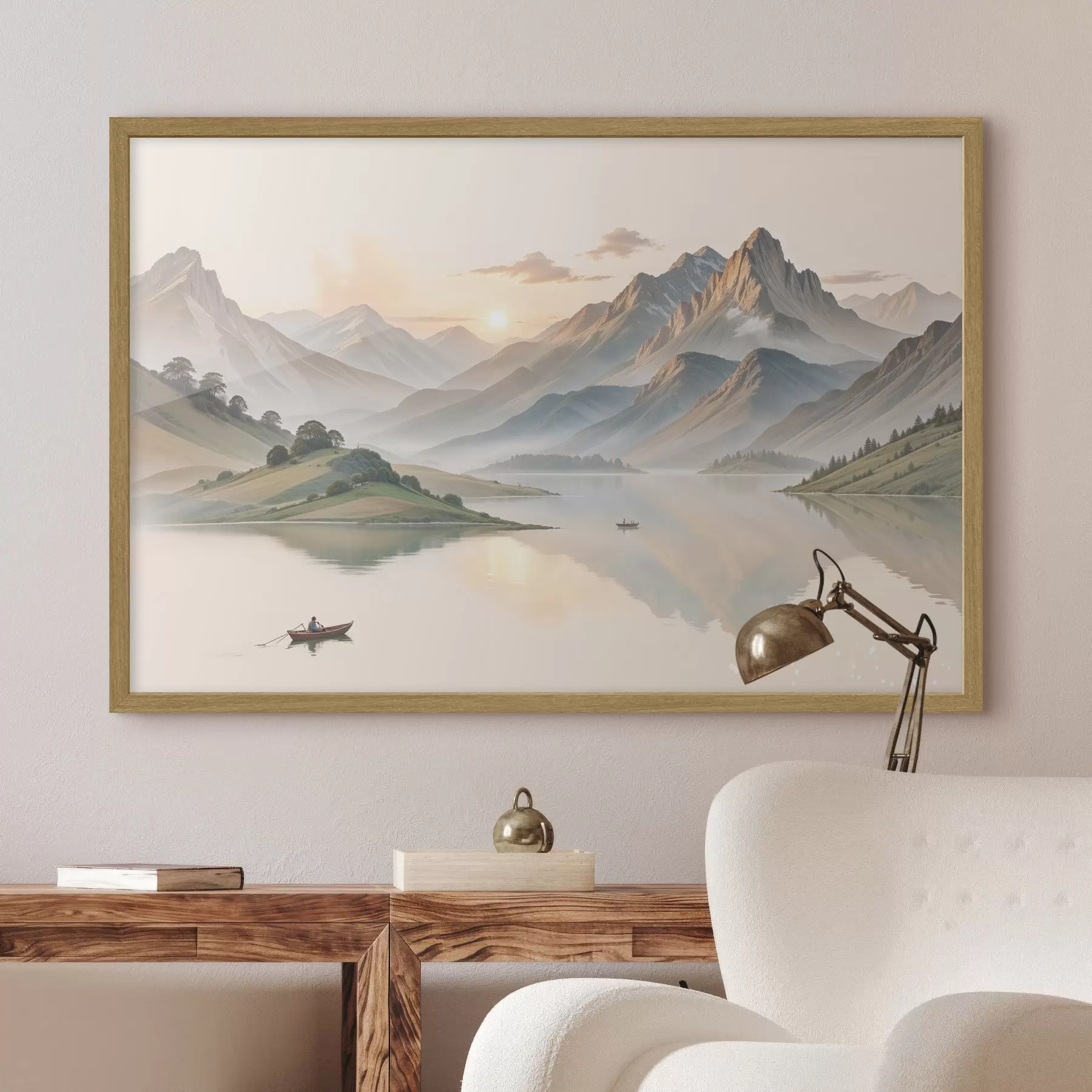 Fototapete Eine ruhige Landschaft mit einem See, in dessen Hintergrund sich Berge spiegeln, und einem kleinen Boot auf dem ruhigen Wasser f40391