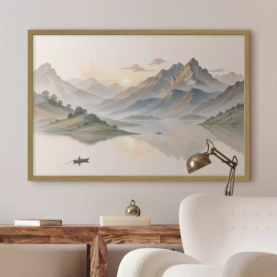 Fototapete Eine ruhige Landschaft mit einem See, in dessen Hintergrund sich Berge spiegeln, und einem kleinen Boot auf dem ruhigen Wasser f40391