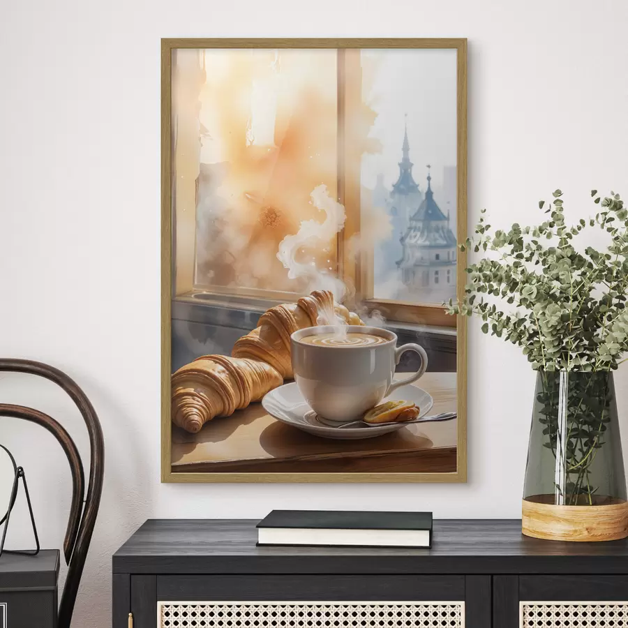 Fototapete Eine warme Tasse Kaffee mit aufsteigendem Dampf, auf einem Tisch neben einem Croissant platziert, mit Blick auf ein historisches Gebäude f40405