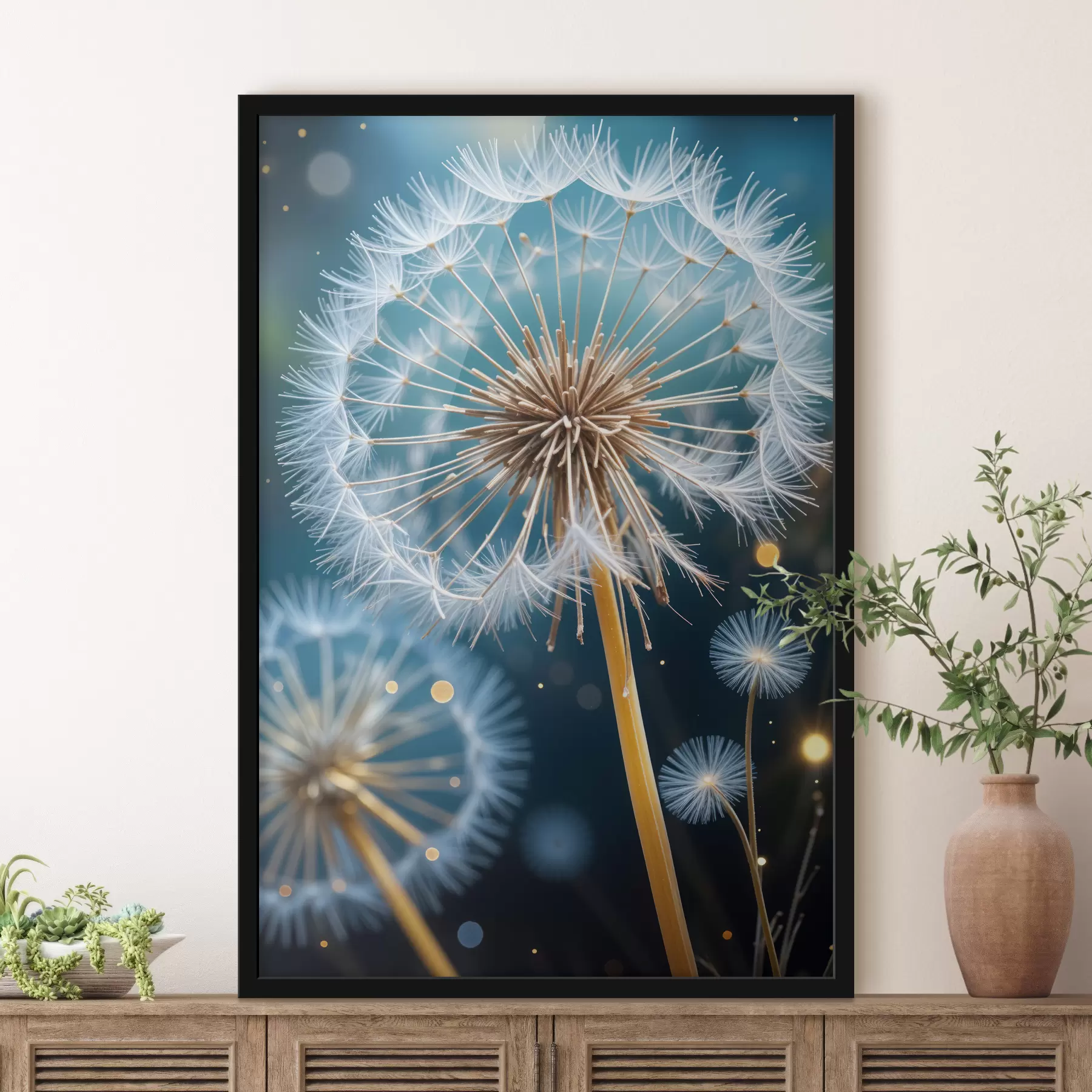 Fototapete Eine Nahaufnahme einer Löwenzahnblüte mit ihren flauschigen weißen Samen vor einem verschwommenen blauen und grünen Hintergrund. f40408