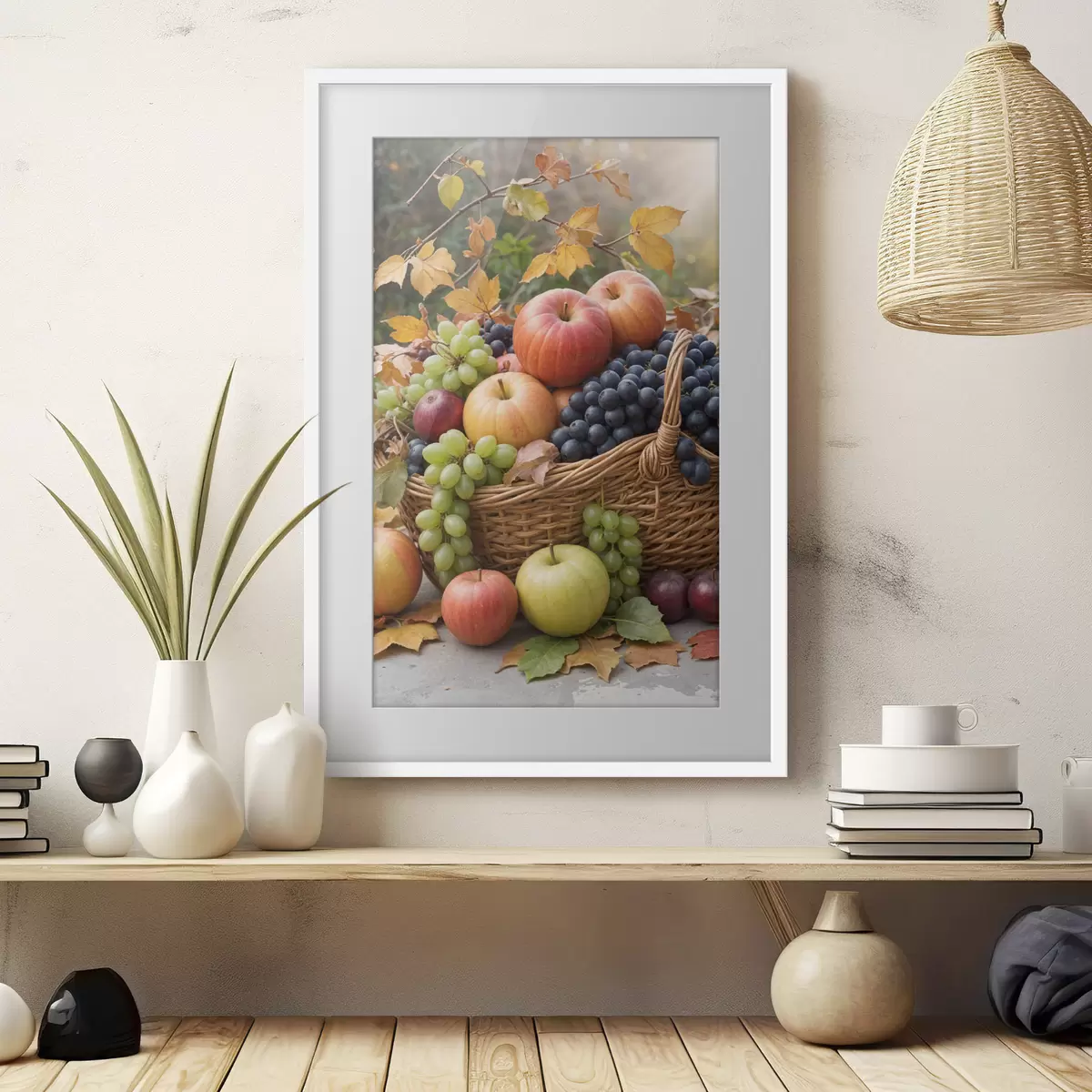 Poster Ein Korb mit verschiedenen Herbstfrüchten, darunter Äpfel, Trauben und Birnen, umgeben von abgefallenen Blättern f40409