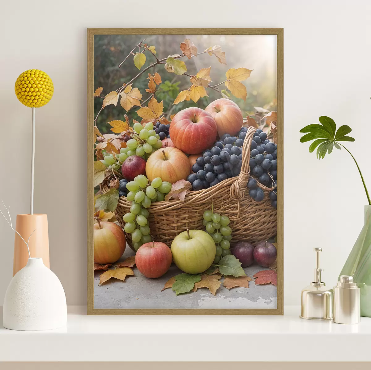 Poster Ein Korb mit verschiedenen Herbstfrüchten, darunter Äpfel, Trauben und Birnen, umgeben von abgefallenen Blättern f40409